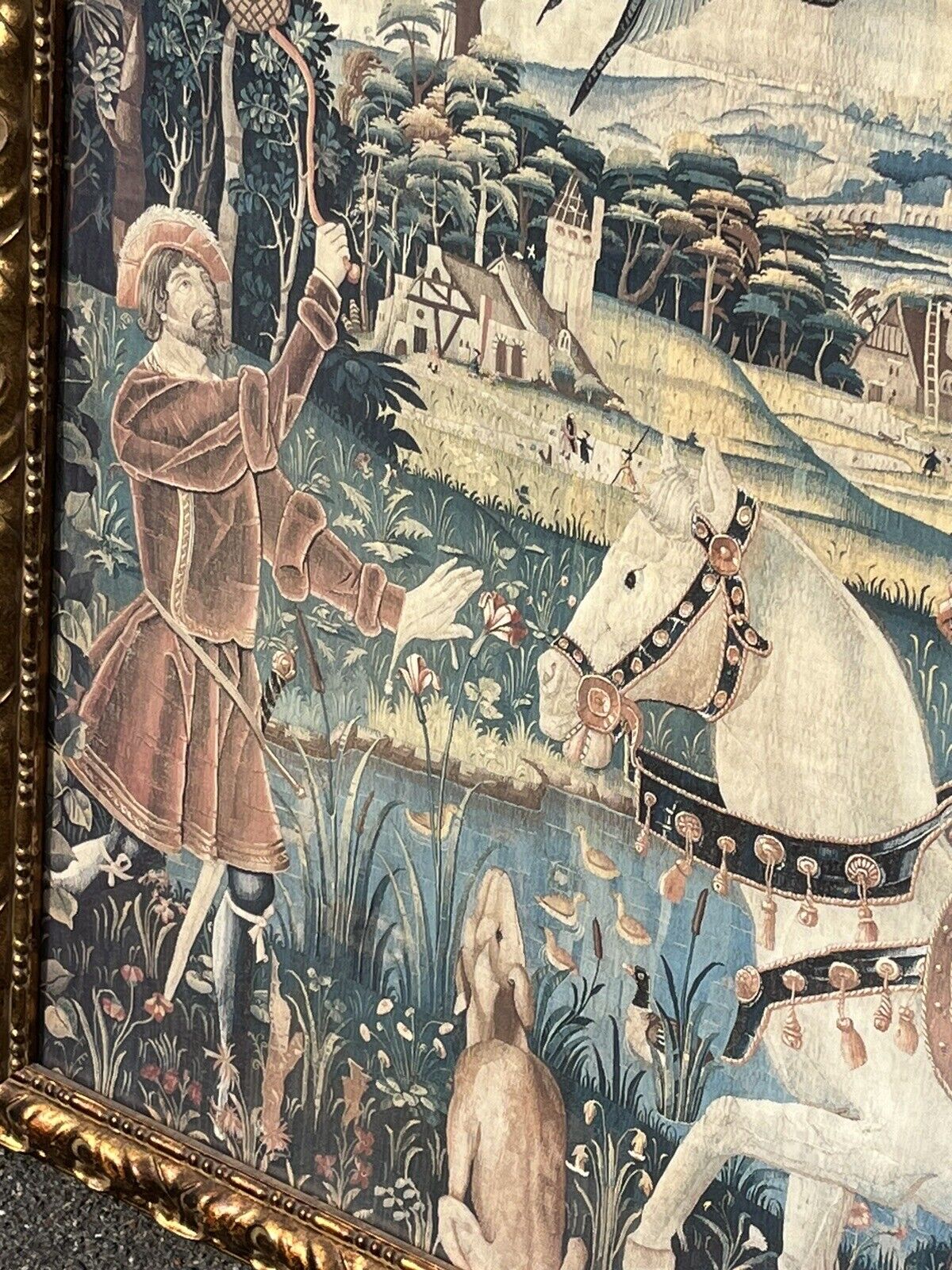 Tudor Hunting Scene Tapestry, Hunting Dogs & Birds Of Prey. HUGE IN SIZE