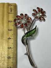 Vintage Silver Tone Plaque A Jour Red Flowers Brooch
