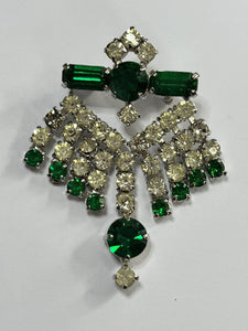 Vintage Silver Tone Green White Paste Brooch