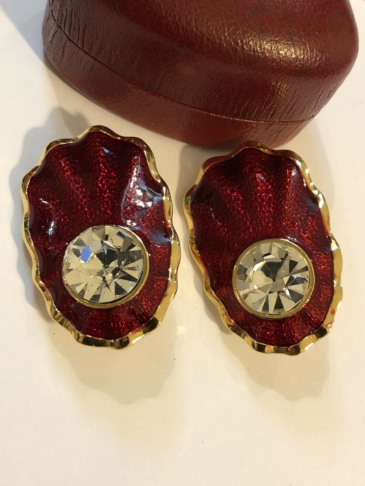 Vintage Signed Sphinx Red Enamel Diamanté Statement Clip On Earrings