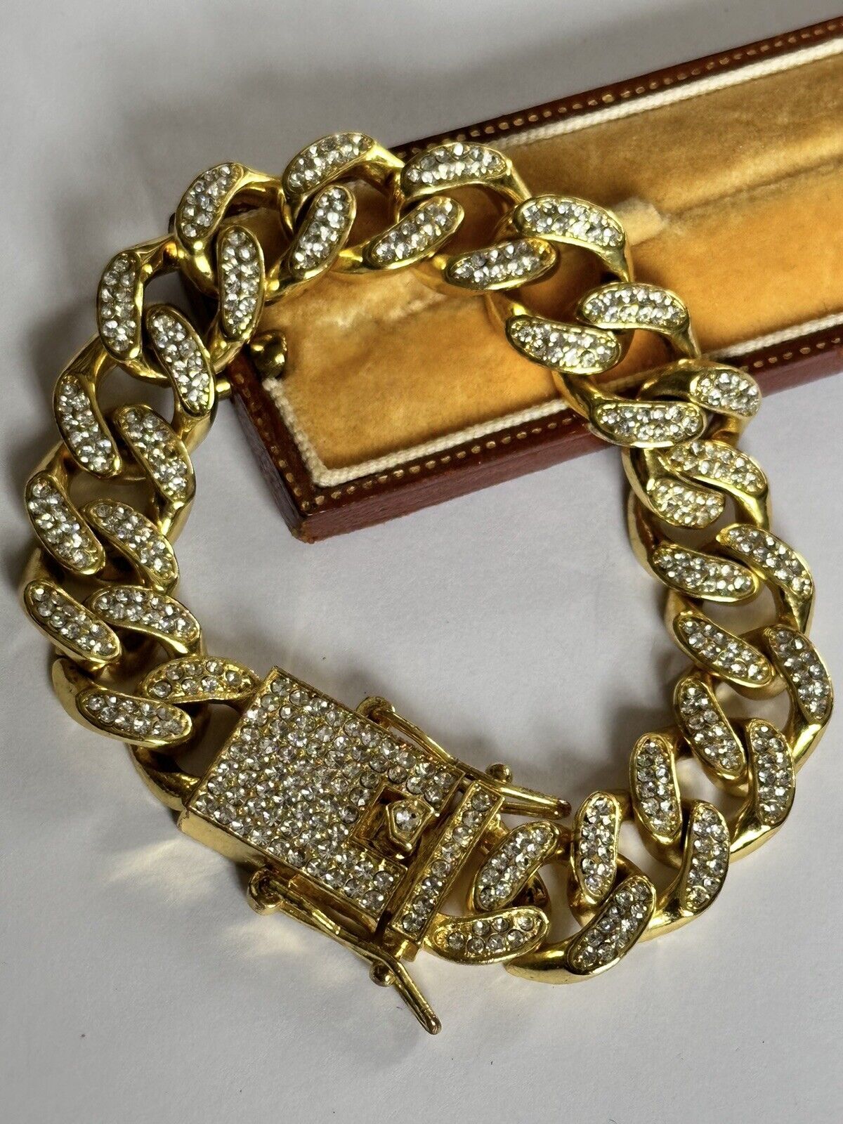 Vintage 1980s Gold Plated Diamanté Link Substantial Bracelet With Safety Catches