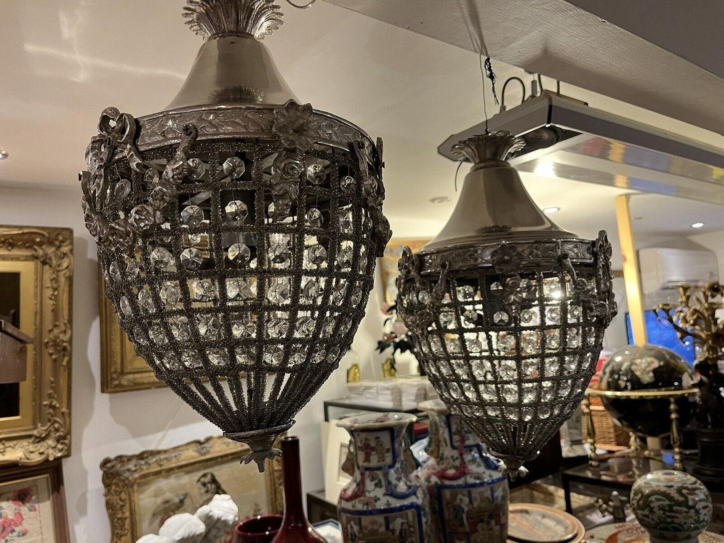 Pair of Chrome Ceiling Chandelier lights.
