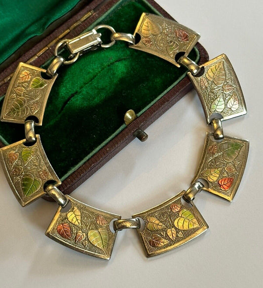 Vintage Detailed Pink Green Leaves Silver Tone Bracelet