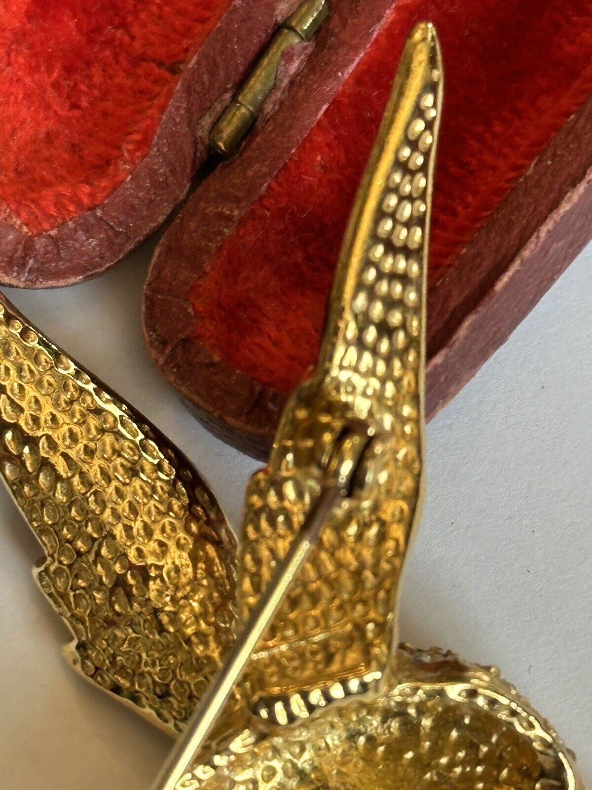 Vintage Gold Plated Red Diamanté Black Enamel Bird Brooch