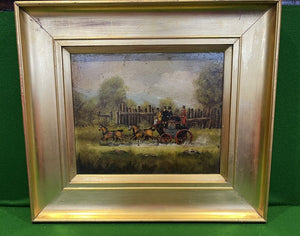 Antique oil on board in gilt frame. Coach & Horses.