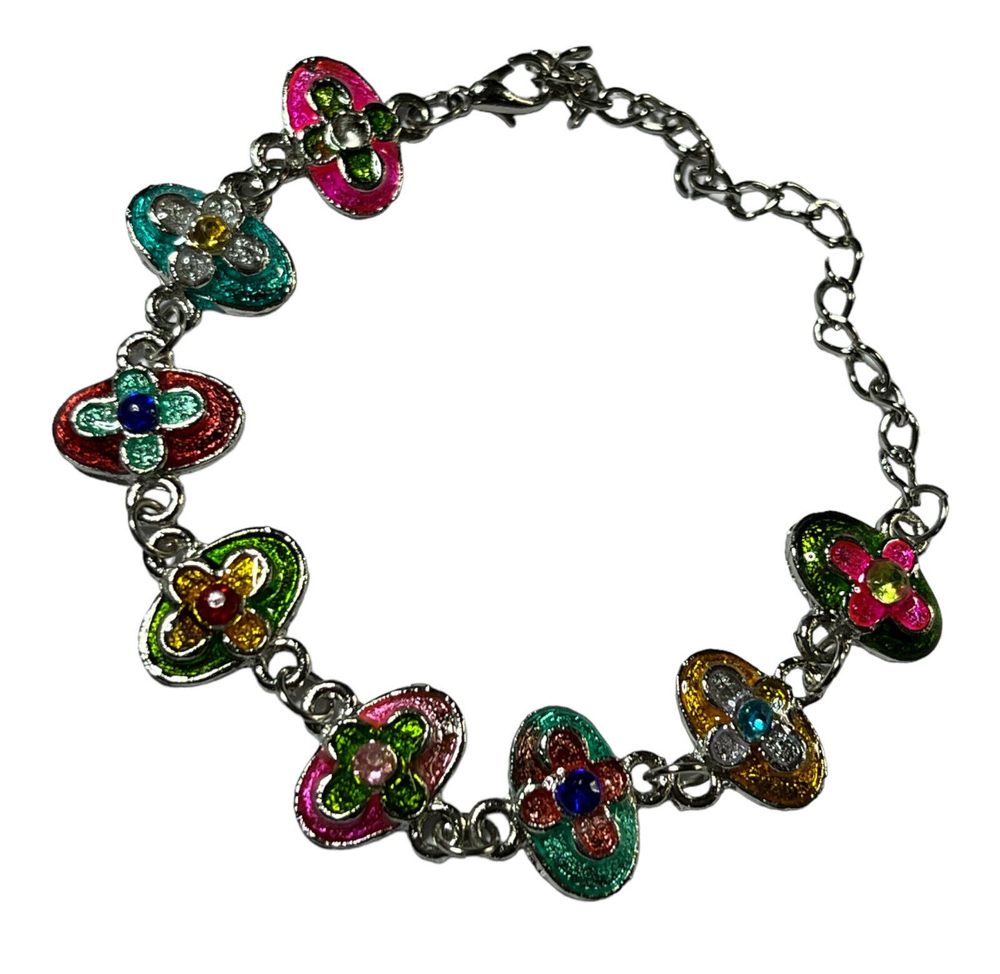 Vintage Silver Tone Enamel Multicoloured Flowers Bracelet