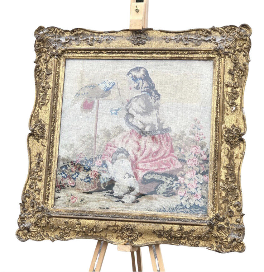 Antique Embroidery/ Tapestry.  Gilt Frame. 61 X 61 Cms. Will Ship Worldwide