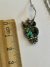 Vintage Silver Tone Paua Shell Abalone Owl Necklace Earring Set