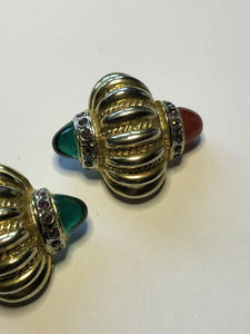 Vintage Gold Tone Green Red Cabochon Purple Diamanté Statement Clip On Earrings