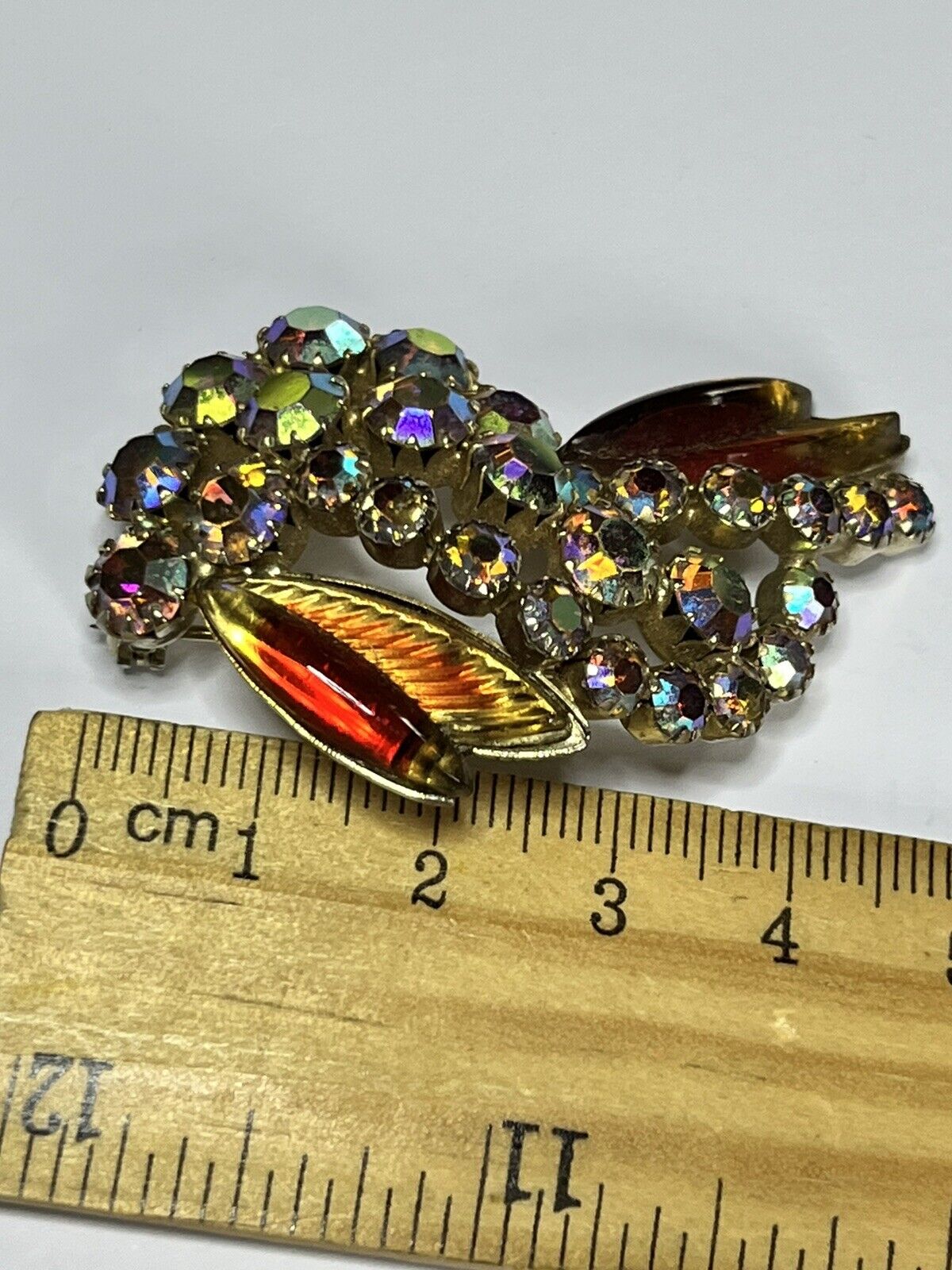 Vintage Red Glass Aurora Borealis Signed Gold Tone Brooch