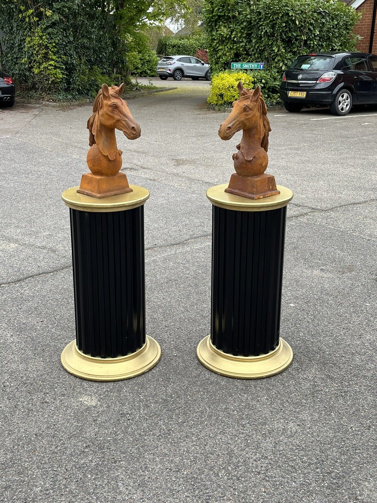 Pair Of Horse Head Statues, Cast Iron, Large In Size. With Corinthian Columns.