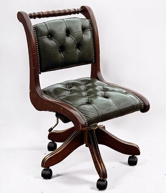 Desk Chair, Green Leather Buttoned Back  Swivel Desk Chair