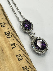 Vintage 1980s Rhodium Plated Purple Crystal Drop Necklace Boxed