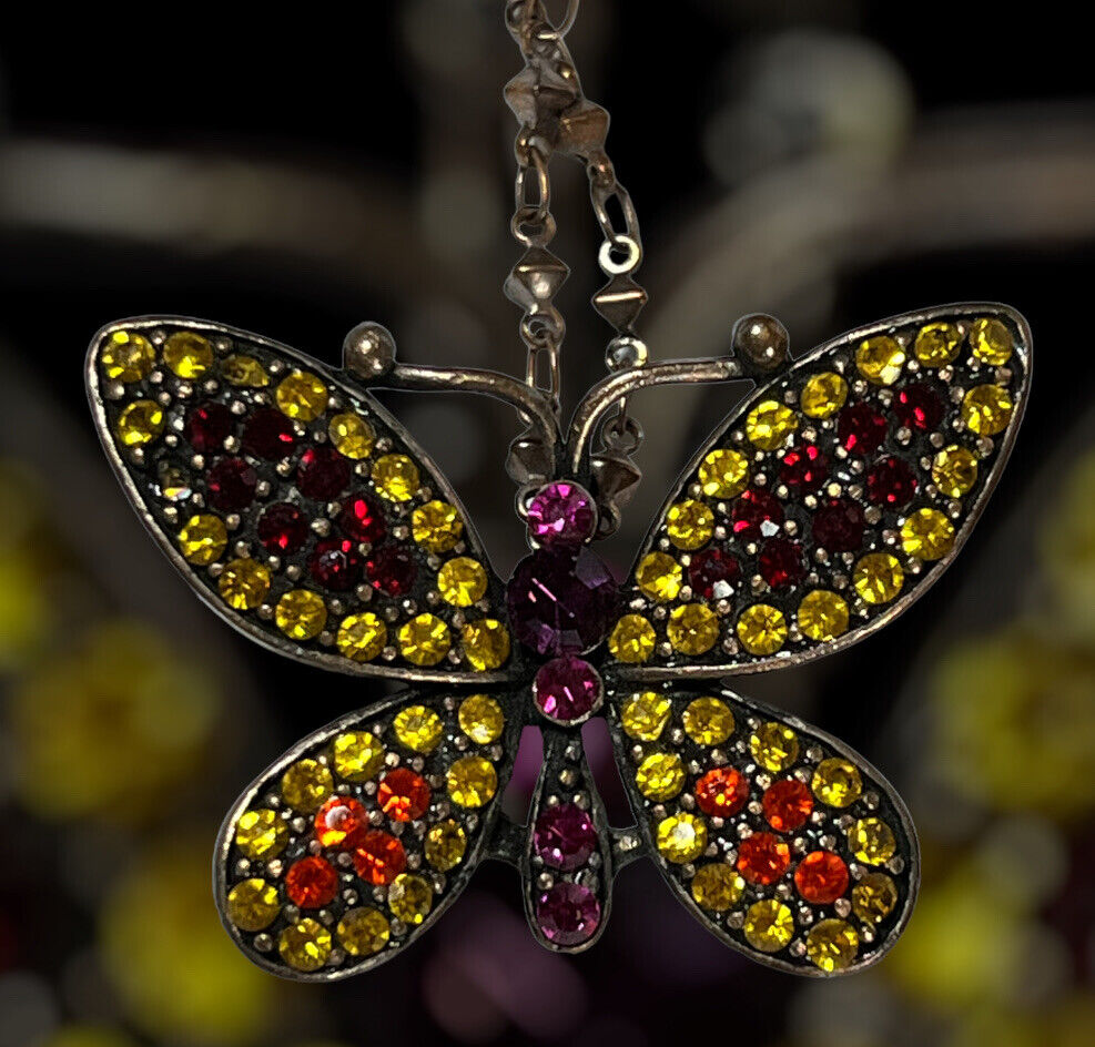 Vintage Multicoloured Diamanté Butterfly Necklace