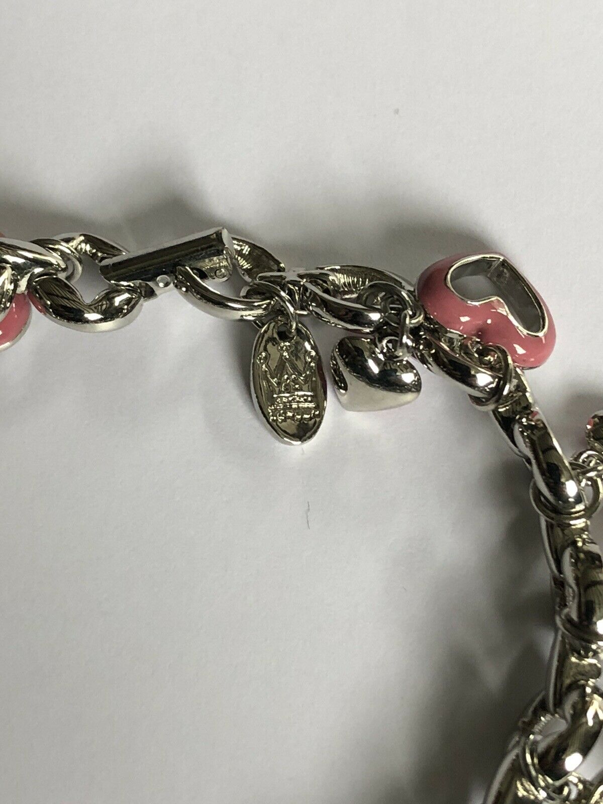 Vintage 1980s Rhodium Plated Pink Enamel Swarovski Crystal Charm Bracelet