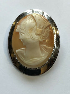 Vintage Silver Shell Carved Cameo Brooch Stamped