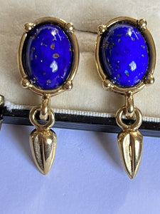 Vintage Gold Tone Faux Lapis Lazuli Drop Earrings