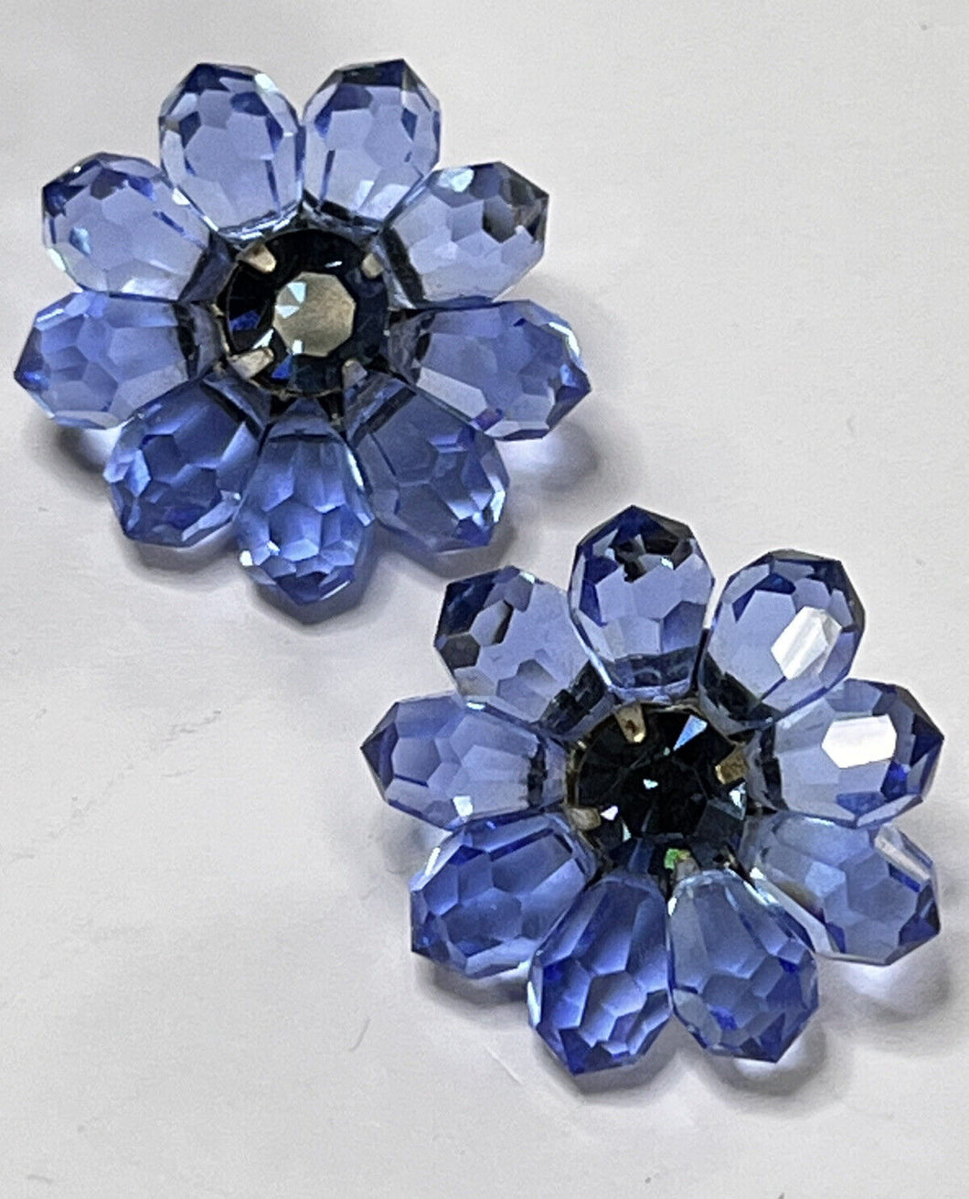 Vintage Old Butler And Wilson Signed Blue Flower Crystal Clip On Earrings