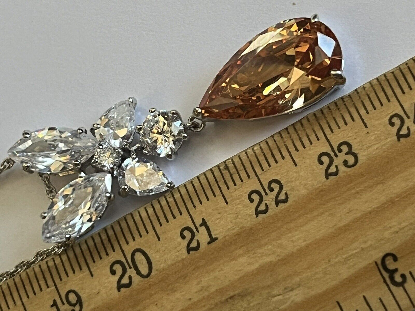 Vintage 1980s Rhodium Plated Orange Teardrop Crystal Necklace New Old Stock