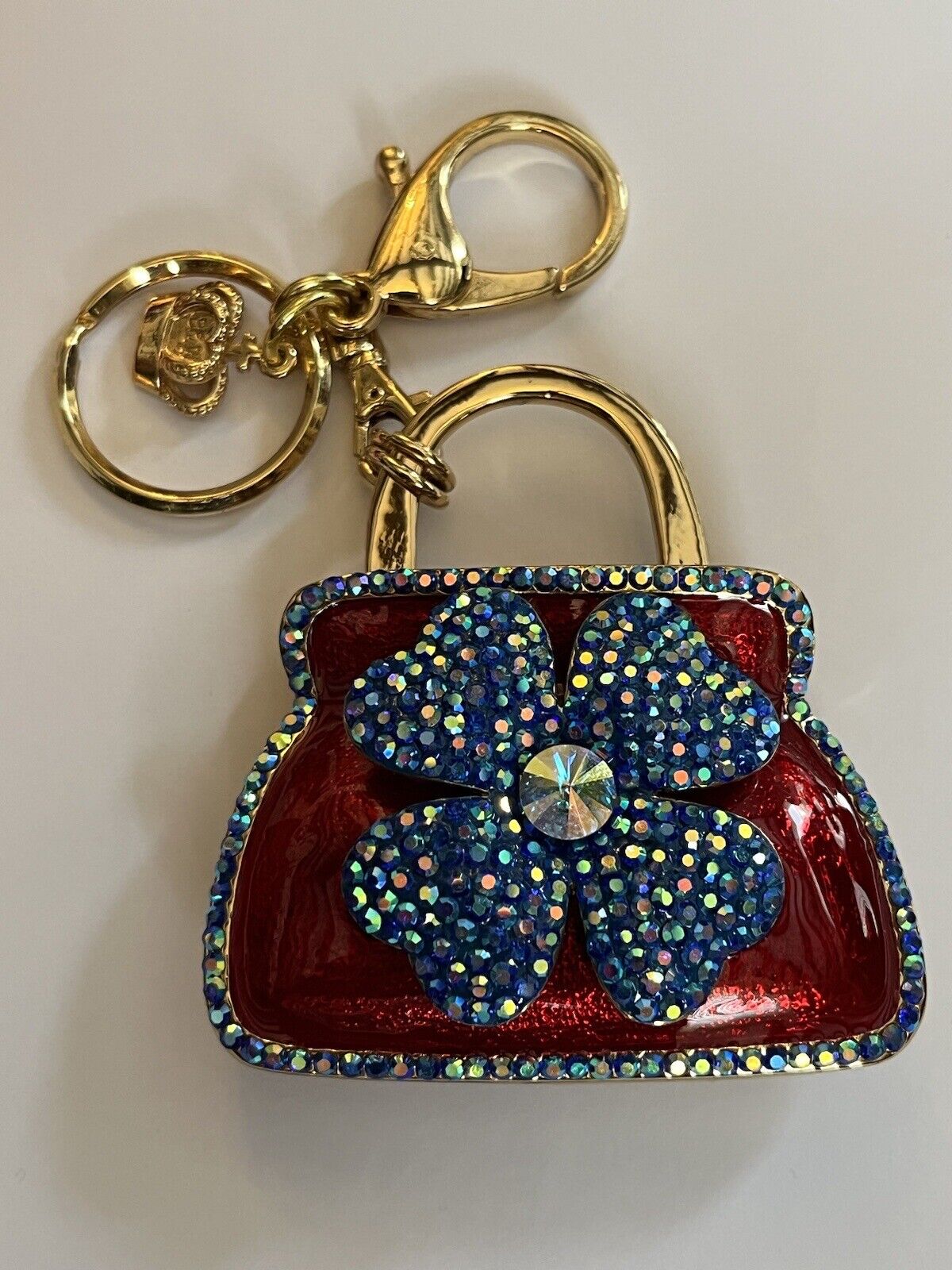 Butler And Wilson Large Red Enamel Blue Flower Handbag Keyring