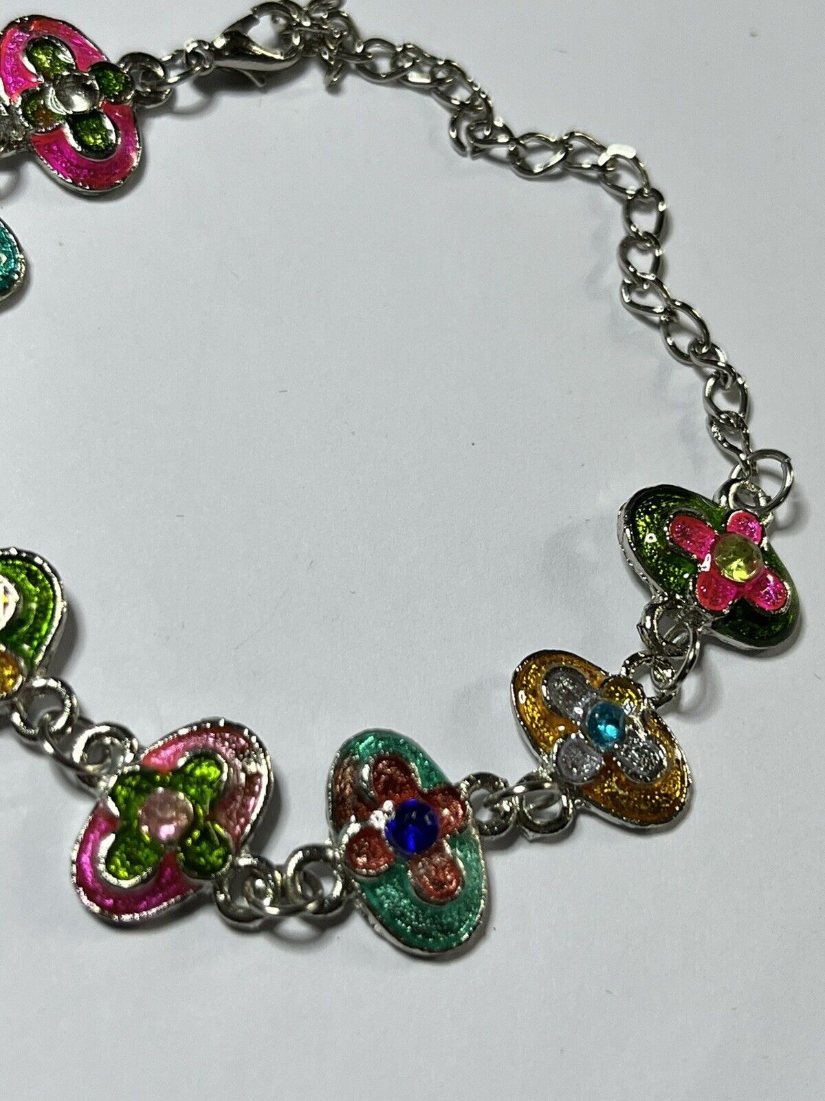 Vintage Silver Tone Enamel Multicoloured Flowers Bracelet