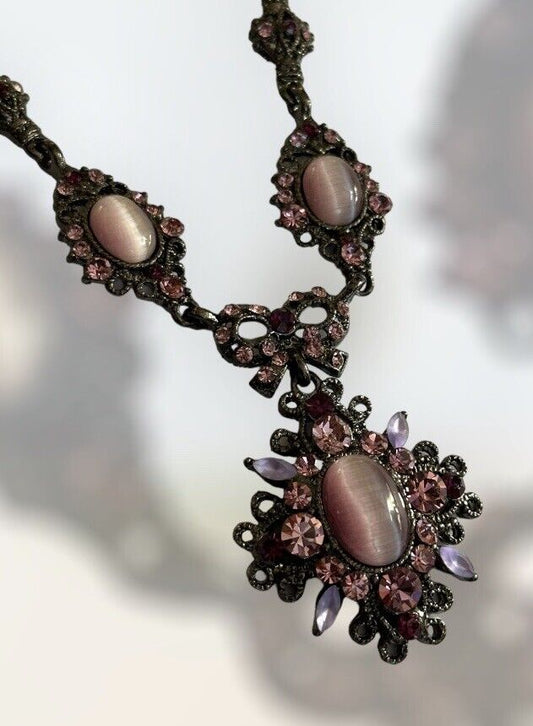 Vintage Pink Purple Satin Bead Diamanté Necklace