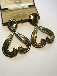 Vintage Statement Dual Gold Tone Heart Drop Earrings