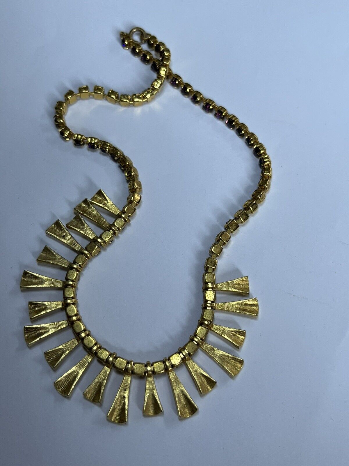 Vintage Frilled Gold Tone Purple Paste Necklace