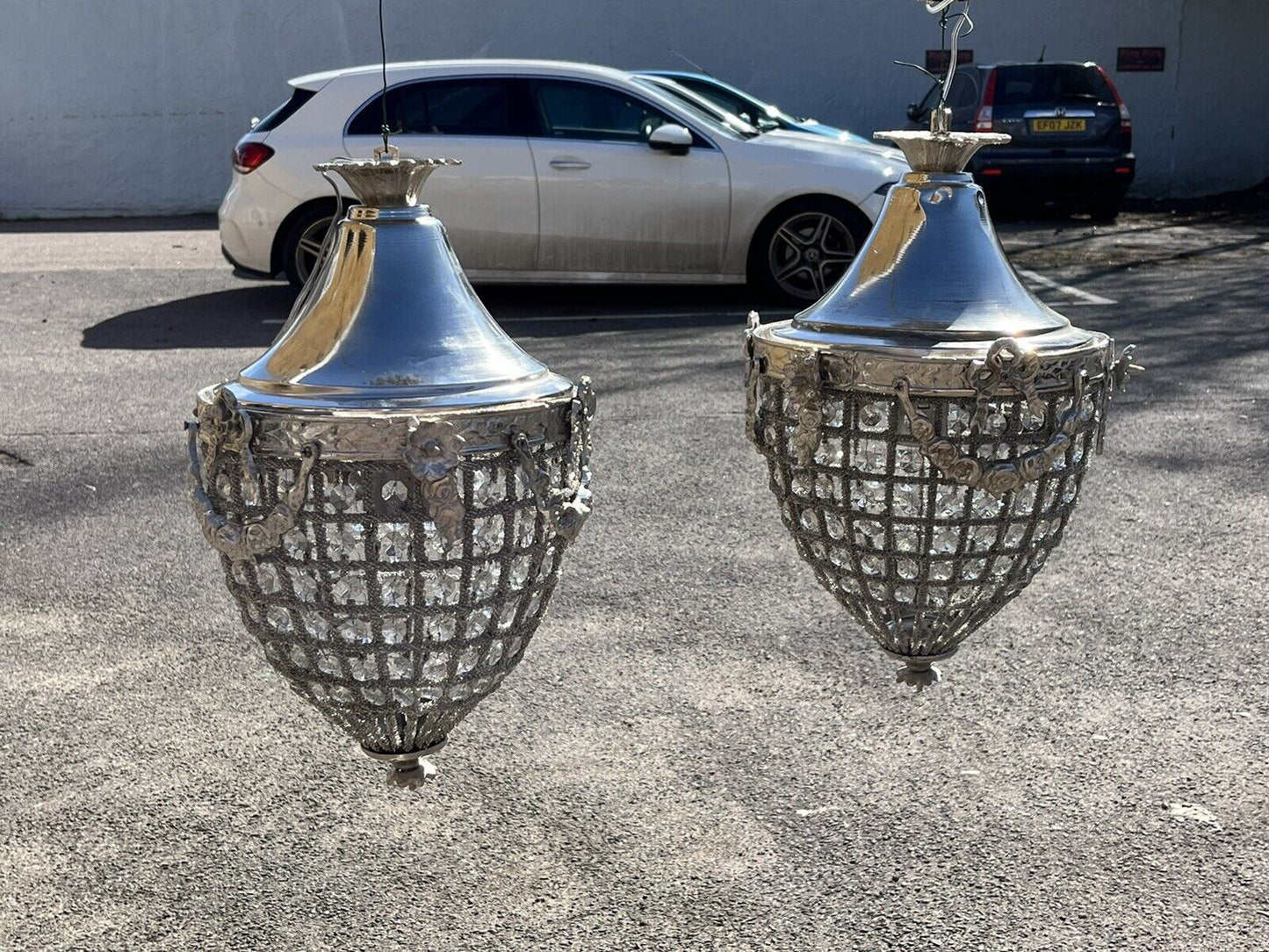 Pair of Chrome Ceiling Chandelier lights.