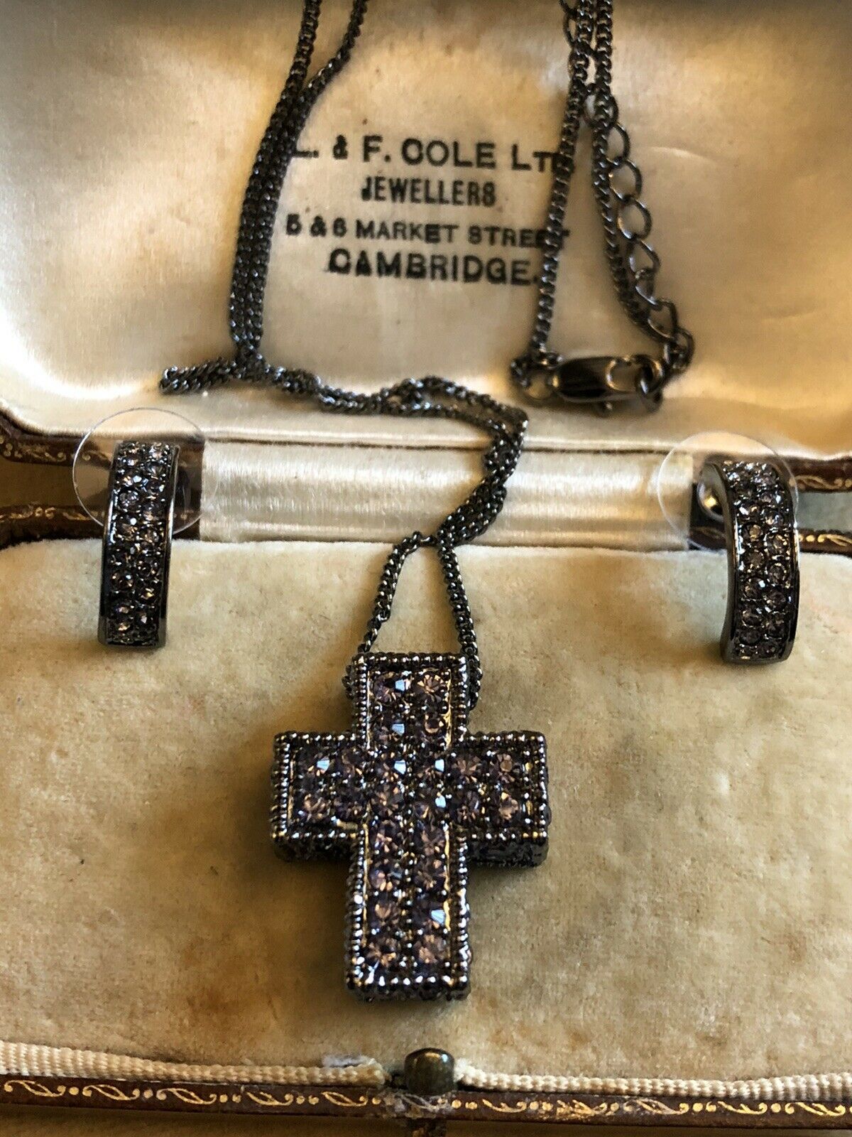 Vintage Gun Metal Diamanté Crucifix Cross Necklace And Earring Set