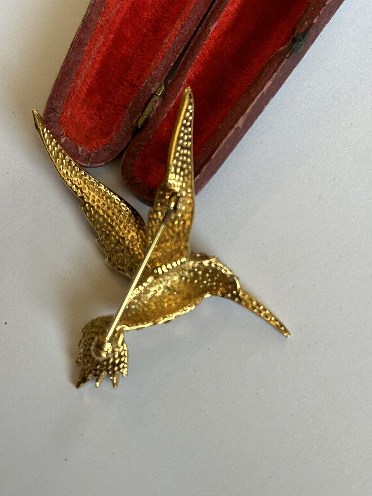 Vintage Gold Plated Red Diamanté Black Enamel Bird Brooch