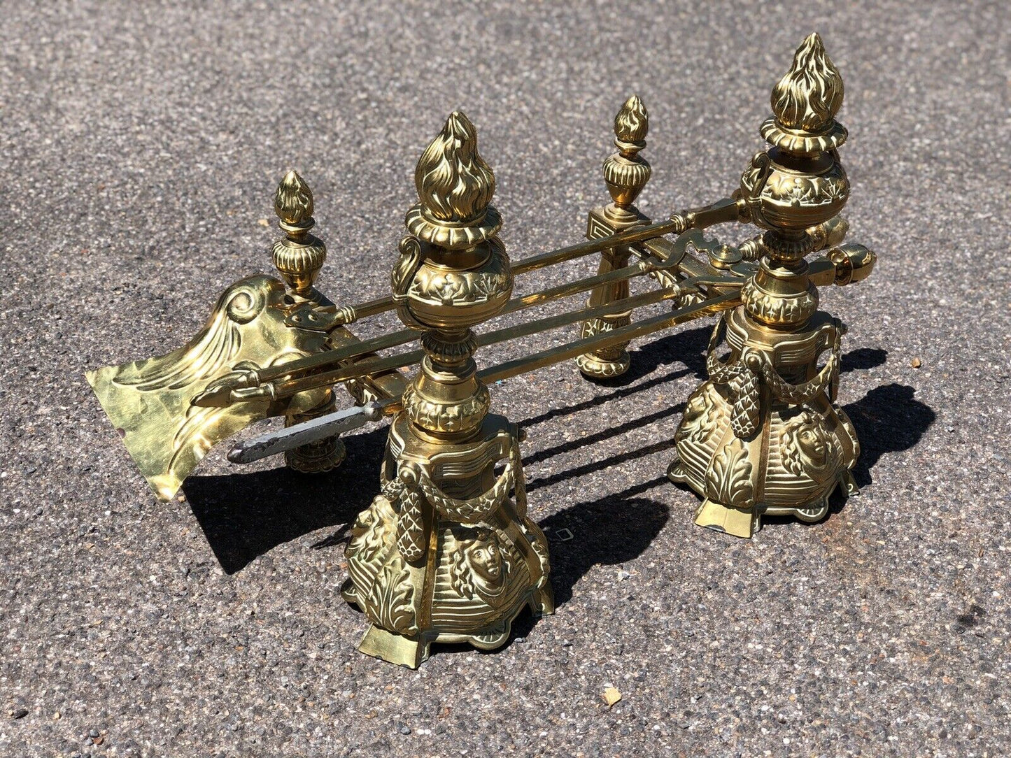 Victorian Brass Fire Tools & Fire dogs. Large And Exceptional Quality.