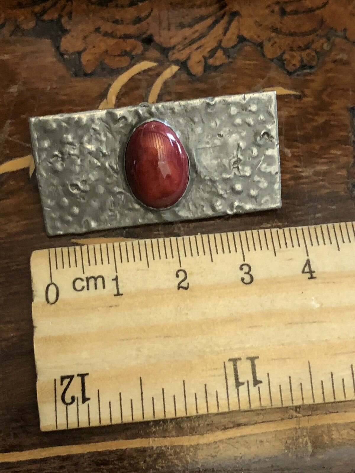 Vintage Arts And Crafts Pewter Red Stone Brooch C Clasp