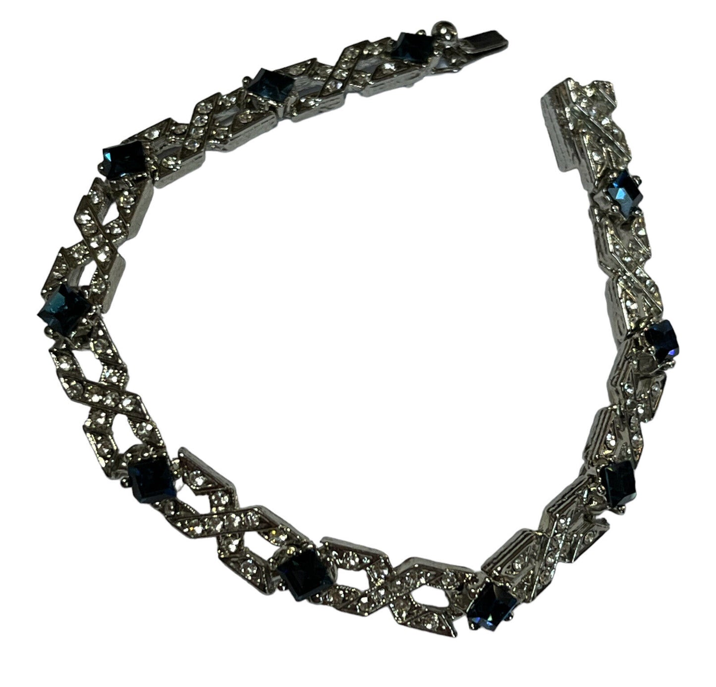 Vintage Silver Tone Clear Blue Diamanté Bracelet