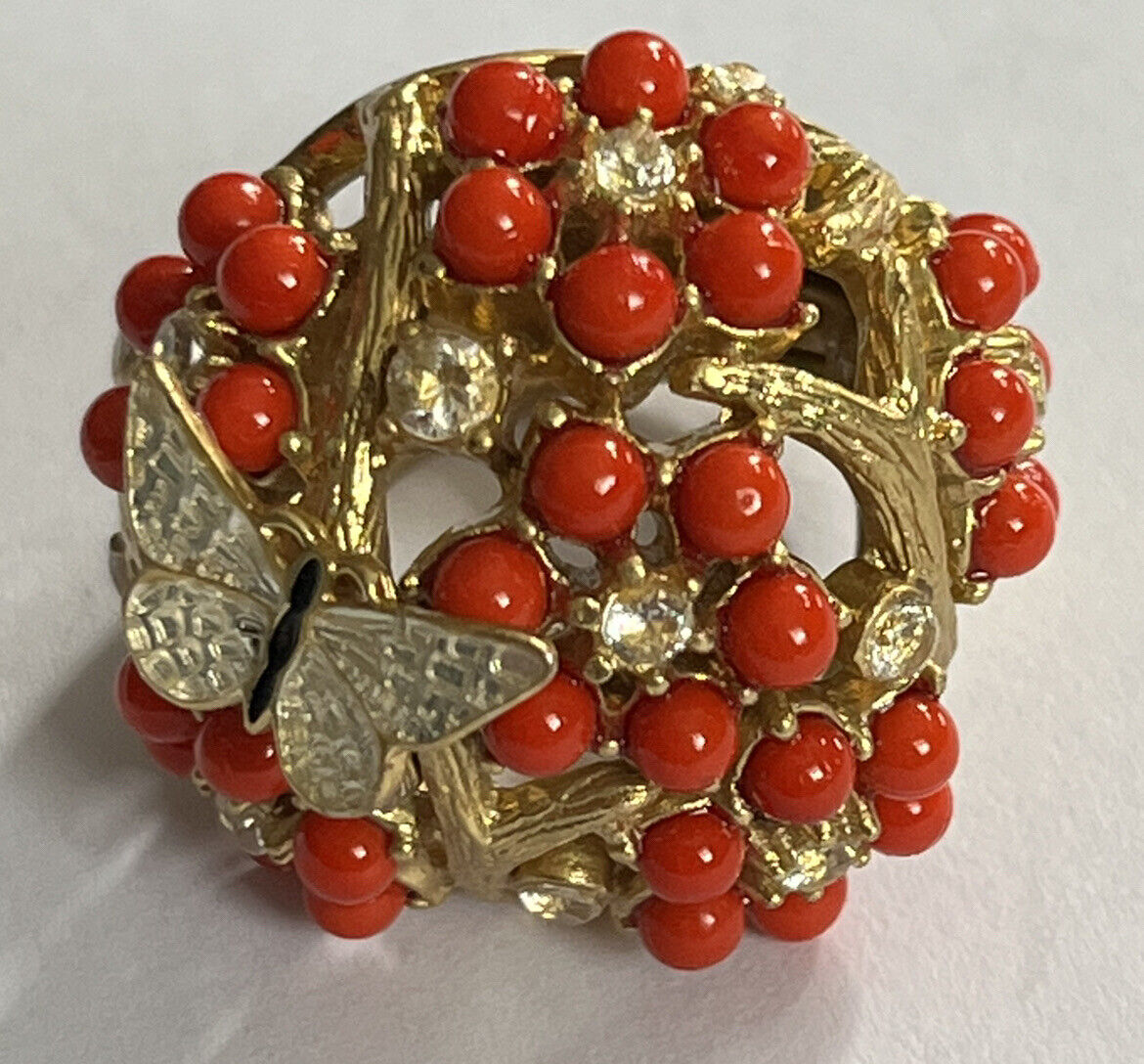 Vintage Gold Tone Orange Bead Diamanté Butterfly Statement Ring