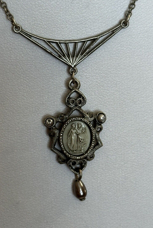 Vintage Silver Tone Cameo Lariat Necklace