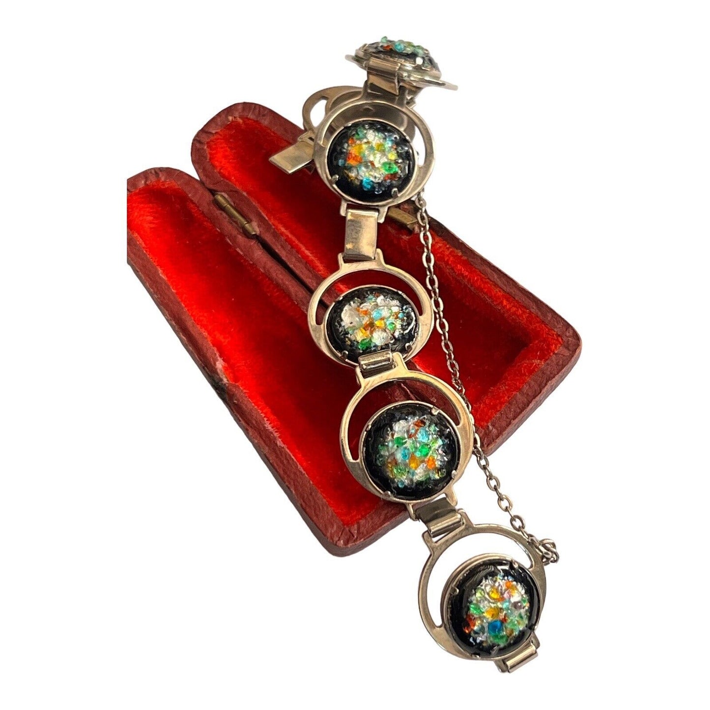 Vintage Multicoloured Glass Silver Tone Bracelet Safety Chain