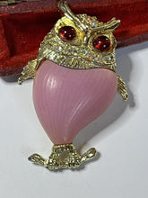 Vintage Gold Tone Pink Red Statement Owl Brooch