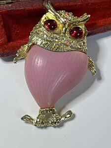 Vintage Gold Tone Pink Red Statement Owl Brooch