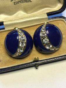 Vintage Moon Blue Enamel Diamanté Pierced Earrings