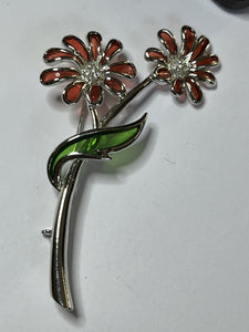Vintage Silver Tone Plaque A Jour Red Flowers Brooch