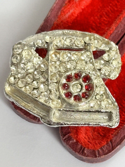 Vintage Old Silver Tone Clear Red Paste Telephone Brooch