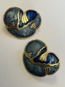 Vintage Gold Tone Blue Enamel Statement Earrings