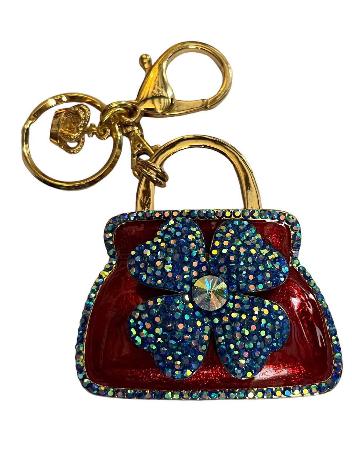 Butler And Wilson Large Red Enamel Blue Flower Handbag Keyring