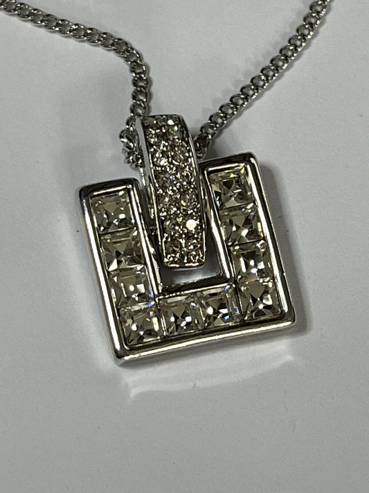 Vintage Signed 1980s Rhodium Plated Geometric Crystal Necklace New Old Stock