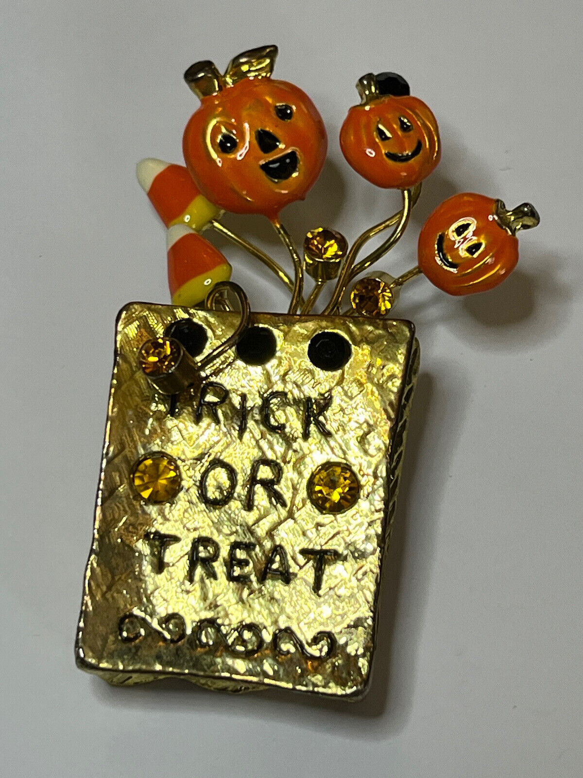 Vintage Gold Tone Enamel Pumpkin Halloween Brooch