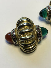 Vintage Gold Tone Green Red Cabochon Purple Diamanté Statement Clip On Earrings