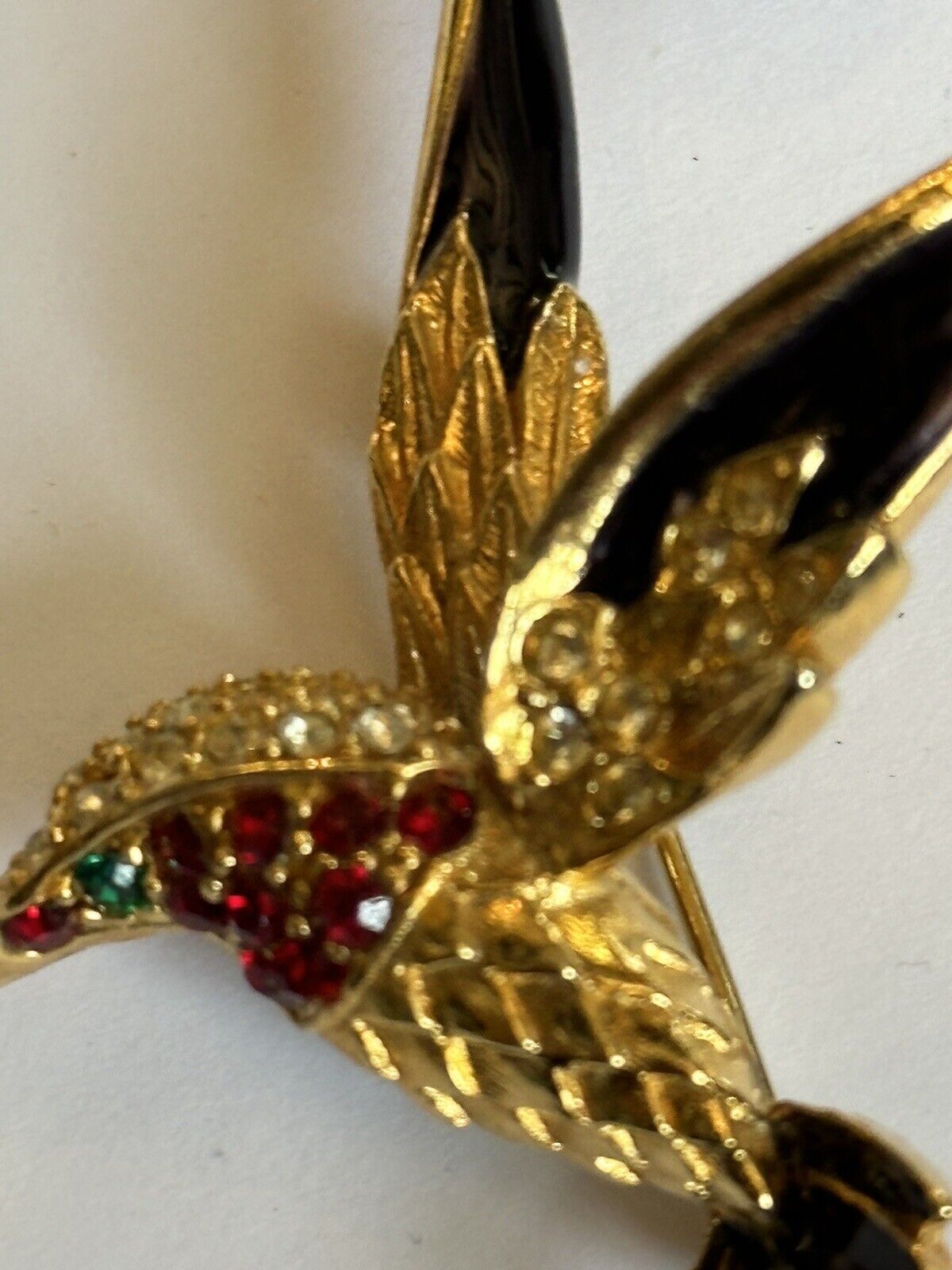Vintage Gold Plated Red Diamanté Black Enamel Bird Brooch