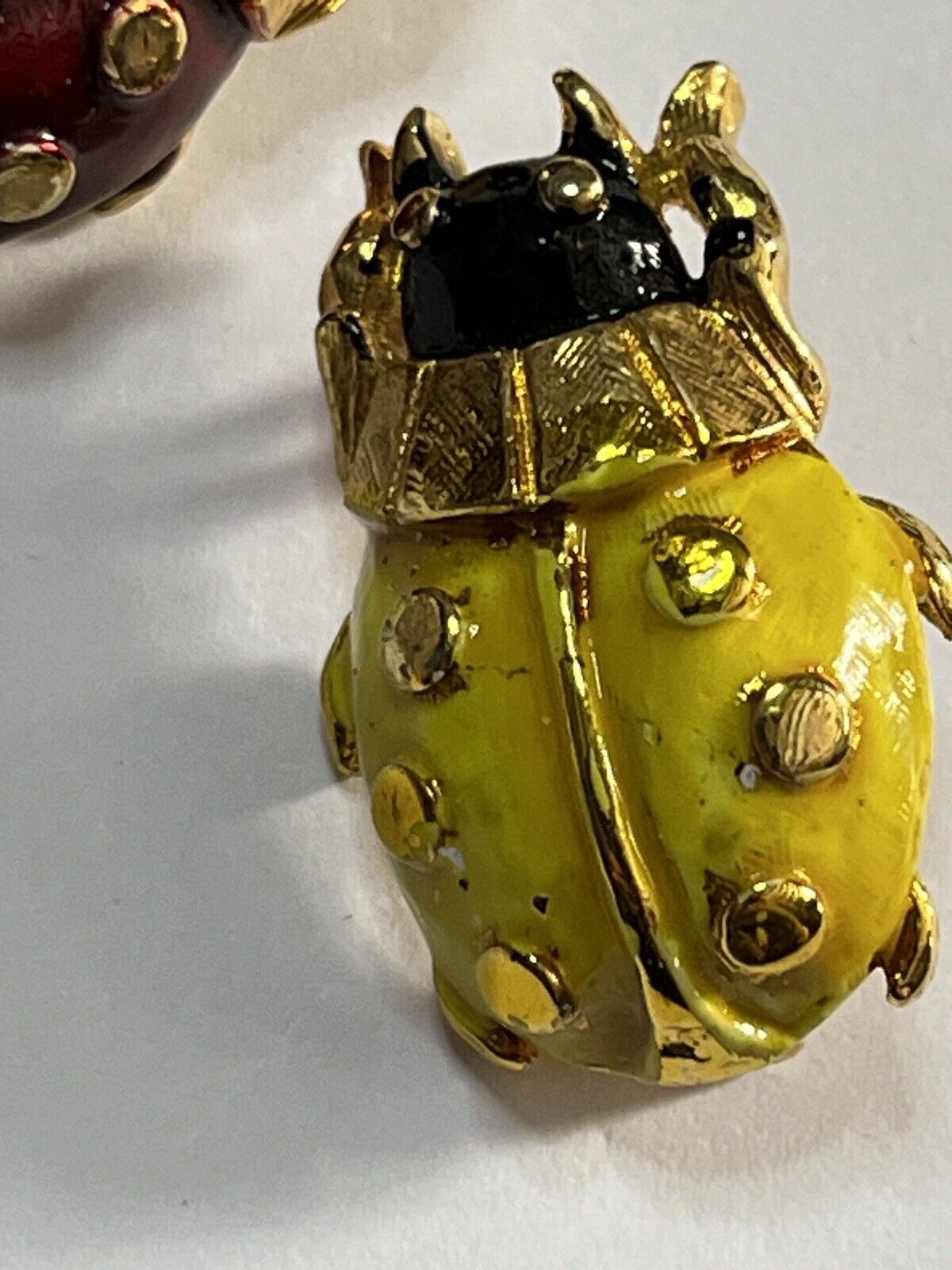 Vintage Ladybird Red Yellow Enamel Set Of 2 Brooches