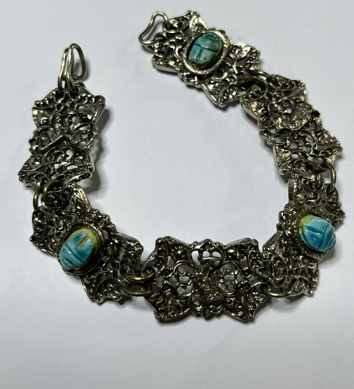 Vintage Silver Tone Egyptian Revival Scarab Beetle Bracelet